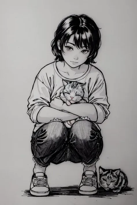 a drawing of a girl sitting on the ground with a cat