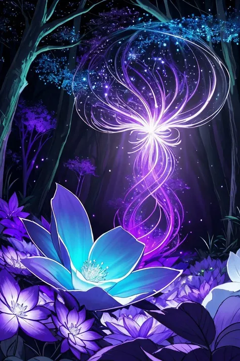 a purple and blue flower in a forest with trees