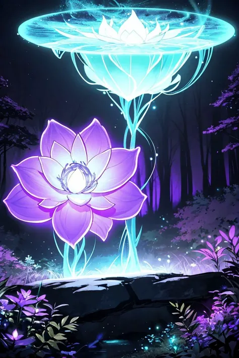 bioluminescent purple flower,fabulous night forest,magical radiance,Concept art,depth of field,Raw photo,realistic,cinematic lighting,soft shadows,sharp focus,fractal,colorful,depth of field,best quality,16k resolution,vivid colors,volumetric lighting,, sk...