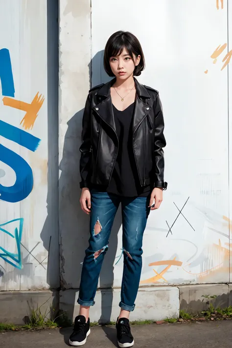 high resolution, solo, best quality, 1girl, Inaho Kaizuka, Black hair, Brown Eyes, Jeans, leather jacket, Necklace, bracelet, watch, standing against wall, bangs, urban graffiti, street art, confident, annoyed, OverallDetail