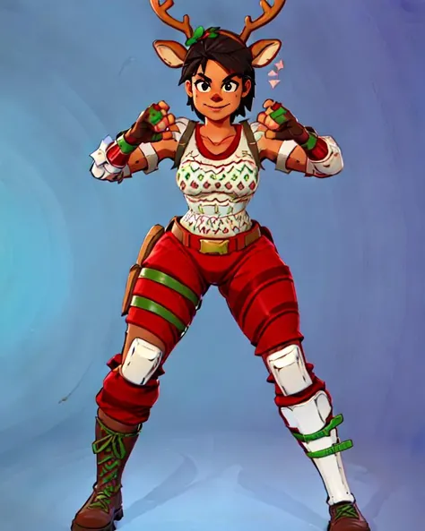 <lora:Fortnite_Reindeer_Raider:0.6>, FR_Reindeer_Raider, (Red Nose:1.2), Christmas Sweater, Gloves, Christmas Holly, Parachute Pants, Wrist Gauntlet, Arm band, Shin Guards, Boots, (((heroic pose))), cartoon, 80s anime, anime, vector drawing