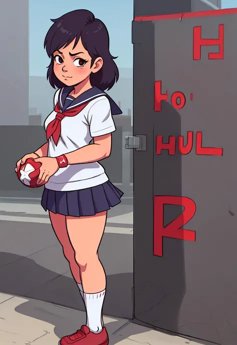 schoolgirl, red socks, holding the skirt in front, bottom view, outside, street perspective, (view from ground:1.0), hands pressed to the groin, embarrassment,( hi detailed, many details, realistic:1.5), hi qualify, Miyazaki, kick to view, (kick to camera:...