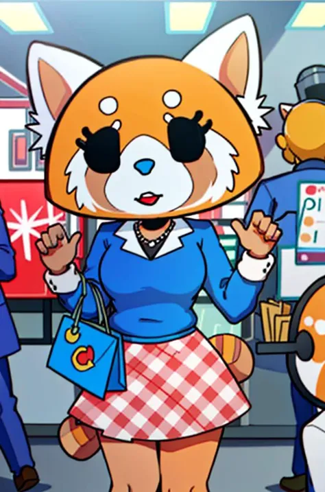 1girl, (AggretsukoStyle:1.4), RetsukoCzar, (two-toned fur, orange fur, black eyes, whiskers, animal ears, racoon tail, striped tail, snout), (skirt, sweater, purse, shopping bags), (interior, shopping center, signs, sale signs, clothing, crowd, crowded, ma...