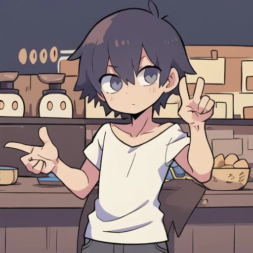 anime boy in a white shirt making a peace sign with his hand