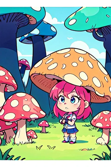 a cartoon girl standing in front of a mushroom forest