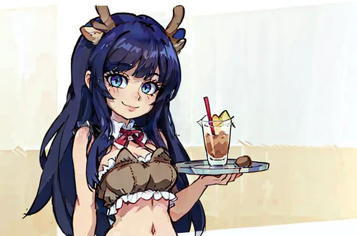 A busy restaurant with many tables and customers; 1girl, Reindeer_Waitress, (unique hairstyle, deer ears, unique hair color, unique bangs, midriff, bare shoulders, bare arms) is holding a tray with drinks and smiling at a customer who is sitting at a table...