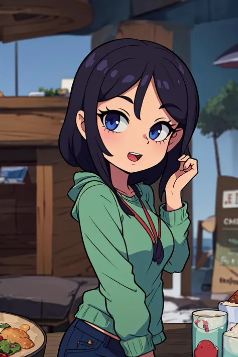 anime girl in green jacket standing in front of a table with food