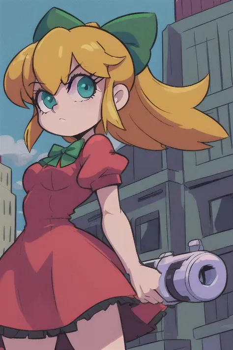 <lora:Roll3D:0.6> Roll3D 1girl,red dress, green bow, blonde hair, blue eyes, in city ruins with a blaster, scene from megaman