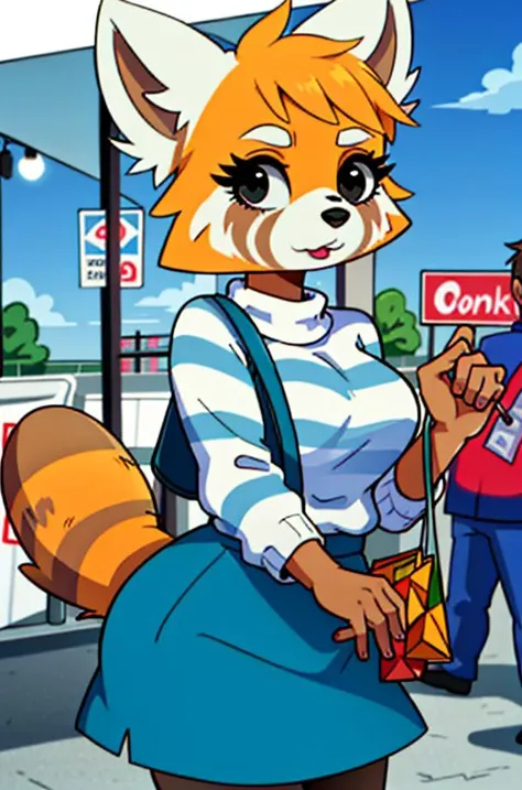 1girl, RetsukoCzar, (two-toned fur, orange fur, black eyes, whiskers, animal ears, racoon tail, striped tail, snout), (skirt, sweater, purse, shopping bags), (interior, shopping center, signs, sale signs, clothing, crowd, crowded, mannequin), (masterpiece:...