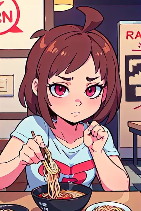 anime girl eating noodles in a restaurant with a sign in the background