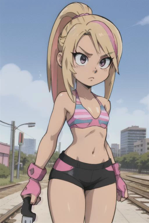 gamegirl , (blonde ponytail) with pink streak highlights, <lora:gamegirl:0.4>, 80's anime style, (flat chest),  thighs, hips, sm...