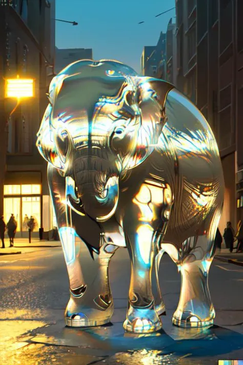 realistic glasssculpture of an elephant, translucent, transparent, detailed cityscape background, street, reflections, dramatic lighting, illustration by Greg rutkowski, yoji shinkawa, 4k, digital art, concept art, trending on artstation