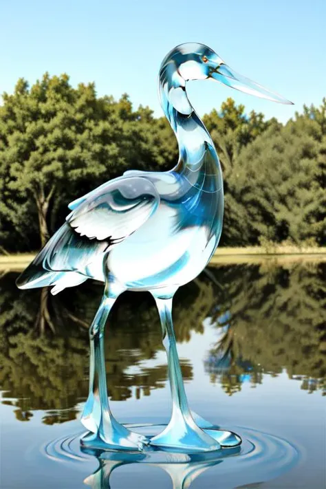 blue tinted glasssculpture of a stork, in the middle of a lake, realistic, highly detailed, <lora:Style GlassSculptures transparent translucent glasssculpture:0.9> transparent translucent, masterpiece, best quality