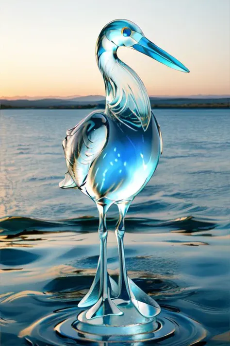 blue tinted glasssculpture of a stork, in the middle of a lake, realistic, highly detailed, <lora:Style GlassSculptures transparent translucent glasssculpture:0.9> transparent translucent, masterpiece, best quality