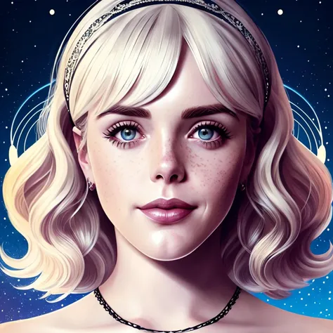 portrait of k13rn4n5h1pk42 as sabrina spellman, freckles, white hair, 1 9 6 0 s bob hairstyle, hairstyle with bangs, hairband, intricate, elegant, glowing lights, highly detailed, digital painting, artstation, concept art, smooth, sharp focus, illustration...