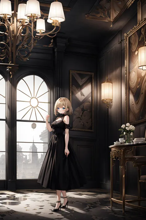 ((masterpiece)), (best quality), official art, extremely detailed CG, unity 8k wallpaper, ultra detailed, highly detailed,
 <lora:film_noir_bistro:1>,
1girl, adult, 24yo, elegant dress, high heels, blonde hair, blue eyes, 
film by Alfred Hitchcock,  
Moody...