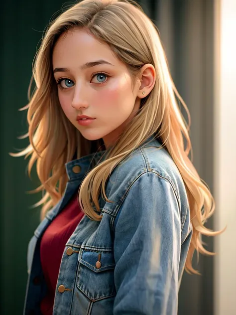 a close up of a woman with long blonde hair wearing a denim jacket