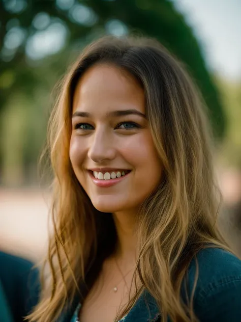 a close up of a woman with long hair smiling at the camera