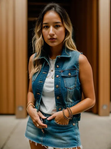 a woman in a denim vest and shorts standing in a hallway