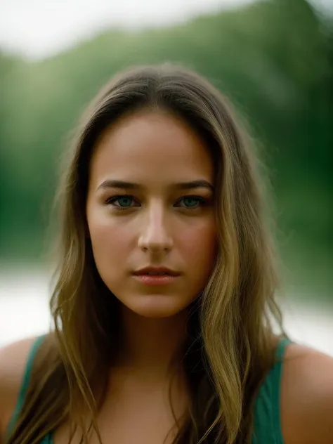 a close up of a woman with long hair and a green top