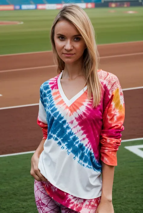 A full color portrait of a beautiful woman wearing a tie-dye tunic with leggings,at a packed sports stadium in Germany,closeup from above, epic character composition,by ilya kuvshinov, alessio albi, nina masic,sharp focus, subsurface scattering, f2, 35mm, ...