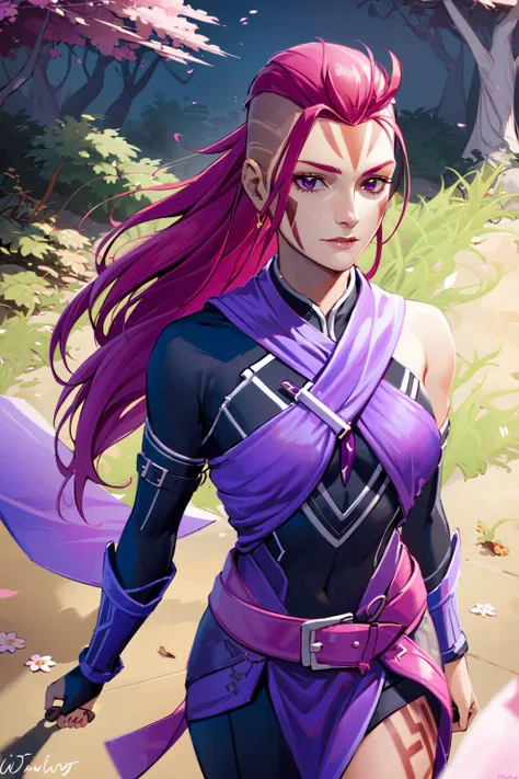 <lora:Dota2AntimageWei:0.8>Antimage_Wei, 1girl, single_thighhigh,  forest, cherry_blossoms, falling_petals, long_hair, petals,  solo, dawn, close up