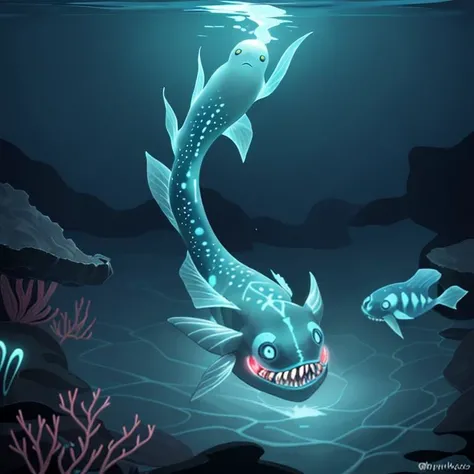 A bioluminescent creature swimming through the dark depths of the ocean, its body adorned with glowing patterns that attract prey.