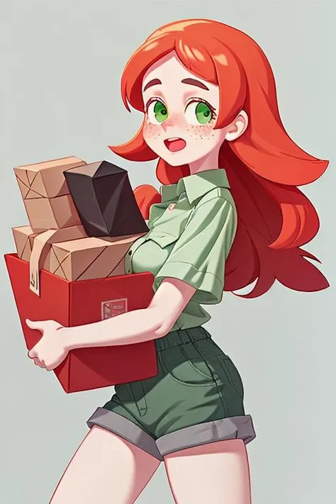 Jenny Matthens(long bright red shoulder length hair, light skin, freckled face, pale green eyes, large bust) wearing(green button-down shirt, dark gray shorts) carrying a package