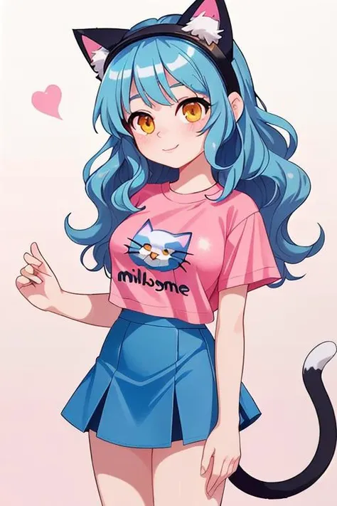 Rina Delsignore(young woman, golden eyes, blue wavy hair, medium bust, long legs, cat ear headband) wearing (pink t-shirt, blue mini-skirt)