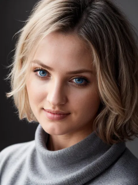 a woman with a gray turtle neck sweater and blue eyes