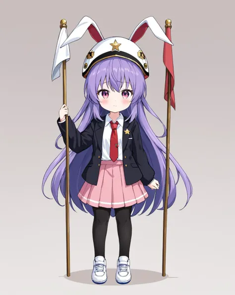 anime girl with purple hair and a red tie holding a flag