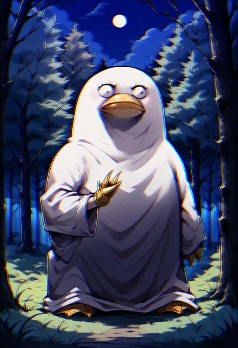 a close up of a penguin in a white robe standing in a forest