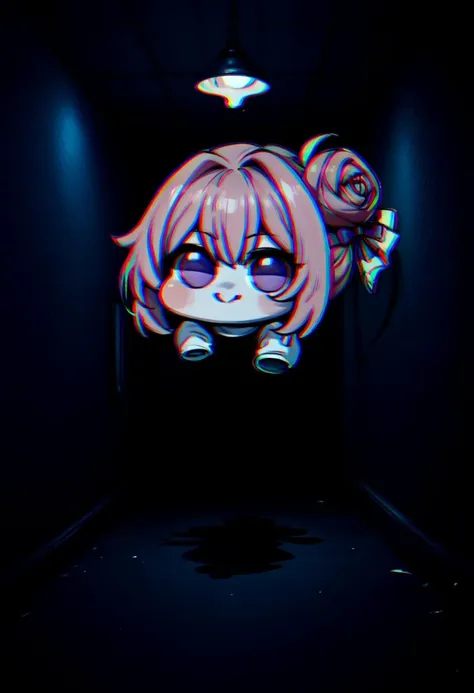 anime girl with pink hair and blue eyes in a dark room