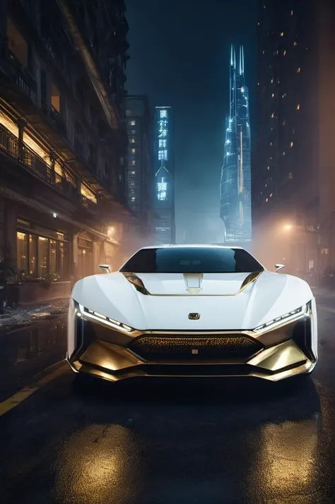 , <lora:kuangcao:0.5> kuangcao,, white and brass science fiction hovering industrial luxury car by a downtown hotel, science fiction, cinematic lighting, night time, volumetric light, imax, dslr, highly detailed, volumetric fog, dystopian vibes, dutch angl...