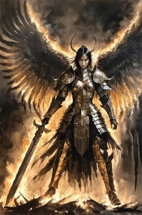 , <lora:kuangcao:0.5> kuangcao,, epic female warrior on fire ablaze in black and gold armor with angel wings, horror christian cathedral, nighttime, 
dungeons and dragons,
dungeons and dragons,