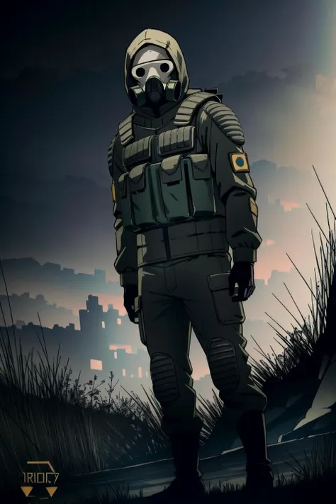 a man in a gas mask standing in a field