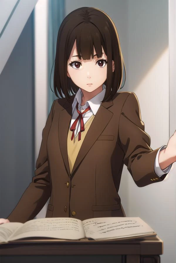 chiyokurihara, <lora:chiyo kurihara s1-lora-nochekaiser:1>,
chiyo kurihara, brown hair, (brown eyes:1.5), short hair, bangs, blunt bangs,
BREAK ribbon, school uniform, jacket, red ribbon, neck ribbon, blazer,
BREAK indoors, classroom, school,
BREAK looking...