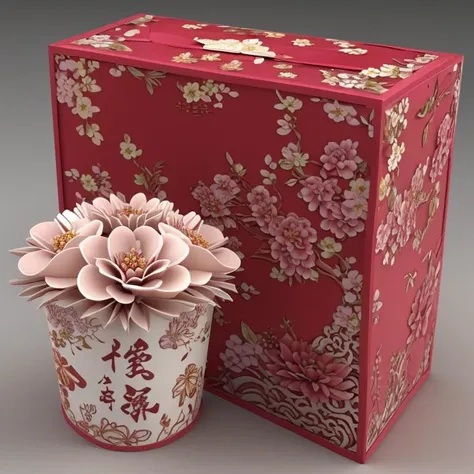 there is a vase with a flower in it next to a box