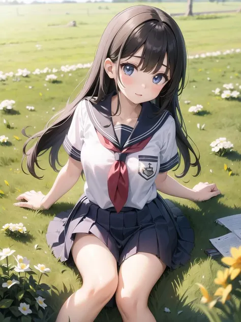 anime girl sitting on the grass with a laptop in her lap