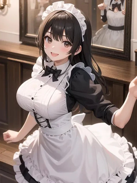 a close up of a woman in a maid outfit posing for a picture