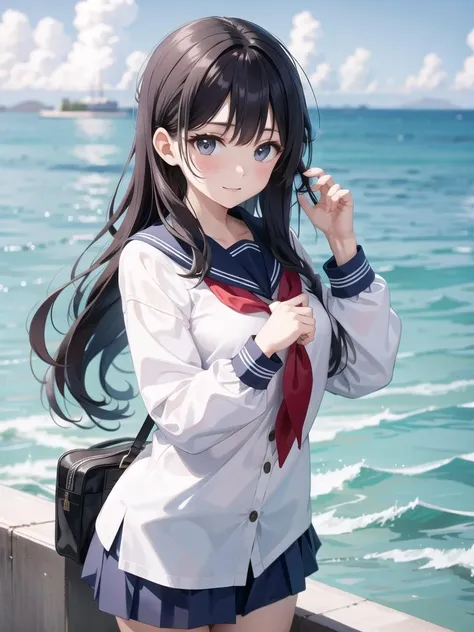 anime girl with long hair and blue eyes standing by the ocean