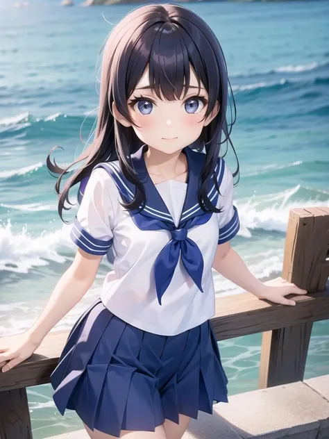 a woman in a sailor outfit standing on a wooden railing