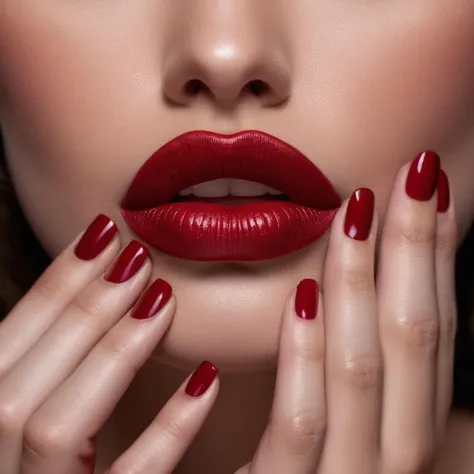 a close up of a woman with red lipstick and nails