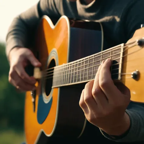 a close up of a person playing a guitar in a field