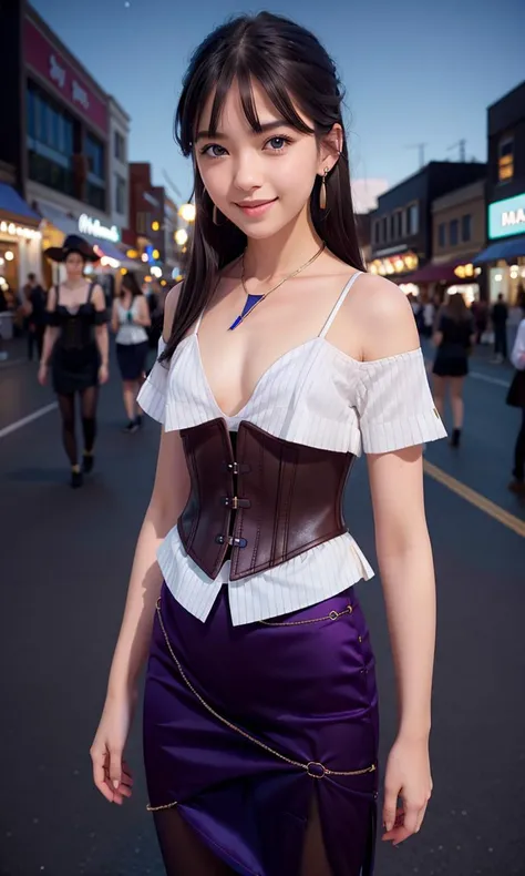 1girl, full body, skinny,
black hair, long hair, blue eyes, earrings,
standing, big smile, looking at viewer,  cowboy shot,  
outdoors, city, pedestrian zone, night time, starry night,
((Hasselblad photography)), finely detailed skin, sharp focus, (cinemat...