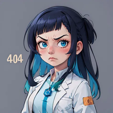 ((masterpiece,best quality)), absurdres,
<lora:Incrs404:1>, (Incrs404:1, English text,),
frowning, blushing,
1girl,  braided bangs, v-shaped eyebrows, labcoat, shirt,  single vertical stripe, black skirt, upper body, portrait, necklace <lora:gijinkaseries_...