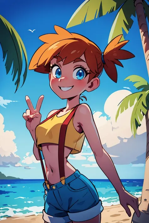 a cartoon girl in shorts and a yellow top standing on a beach