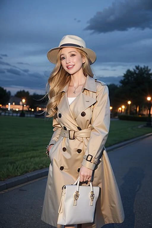 a woman in a trench coat and hat holding a white purse