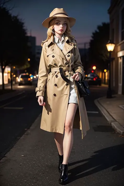 arafed woman in a trench coat and hat walking down a street