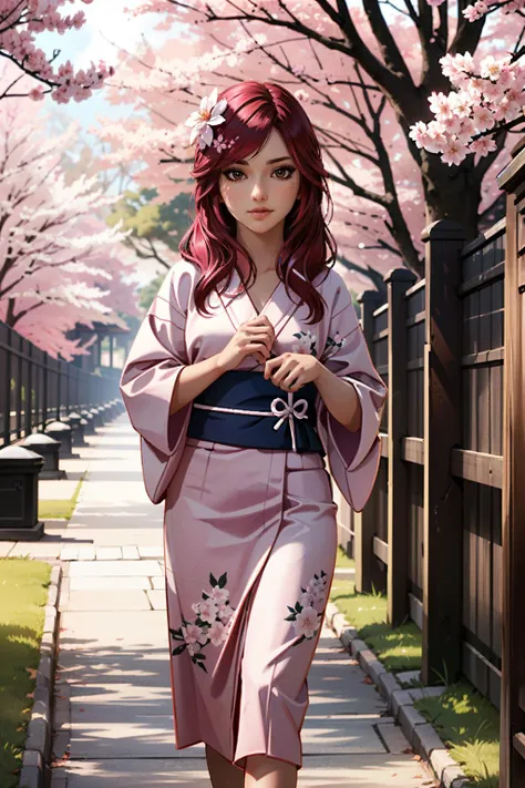 ((ultra detailed, masterpiece, best quality))
 <lora:CyberCuteGirlRedHair:0.8>
CyberCuteGirlRedHair, 1girl, solo, long hair, walking in a serene Japanese park with cherry blossoms, yukata, and a hair ornament